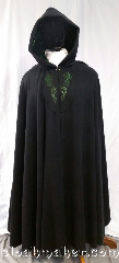 Cloak:3664, Cloak Style:Full Circle Cloak, Cloak Color:Black, Fiber / Weave:100% wool, Cloak Clasp:TBD, Hood Lining:green velvet, Back Length:59", Neck Length:24", Seasons:Winter, Southern Winter, Note:A full circle cloak with gorgeous green<br>embroidery of dragons and hippocampus,<br>with a deep green velvet hood lining.<br>Clasp TBD.<br>Made from 100% wool, dry clean only..