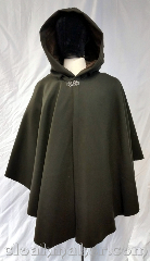 Cloak:3685, Cloak Style:Cape / Ruana, Cloak Color:Seaweed Green, Fiber / Weave:80% wool, 20% nylon, Cloak Clasp:Vale, Hood Lining:Brown cotton velvet, Back Length:35", Neck Length:22", Seasons:Winter, Southern Winter, Fall, Spring, Note:Seaweed green colored ruana style cloak<br>with a brown cotton velvet hood lining<br>Features a silvertone vale clasp closure.<br>Wool blend, dry clean only..