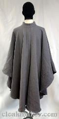 Cloak:3697, Cloak Style:Cape / Ruana, Cloak Color:Slate or dove grey, Fiber / Weave:100% wool, Cloak Clasp:Two snaps, Hood Lining:hoodless, Back Length:44", Neck Length:24", Seasons:Spring, Fall, Note:Striped slate grey hoodless ruana<br>style cloak with band collar.<br>Held closed with two sturdy snaps,<br>made from a washed 100% wool,<br>with an authentic wool feel.<br>32" over the shoulder.<br>Dry clean only..