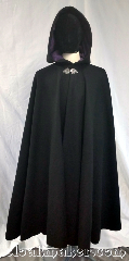 Cloak:3706, Cloak Style:Shaped Shoulder Cloak, Cloak Color:Black, Fiber / Weave:100% wool, Cloak Clasp:Triple Medallion, Hood Lining:Dusty dark plum moleskin, Back Length:46", Neck Length:20", Seasons:Winter, Southern Winter, Note:A heavy-weight, shaped shoulder cloak<br>made from 100% wool. It's ready for<br>a full winter with its dusty dark plum<br>colored moleskin hood liner and<br>sturdy triple medallion cloak clasp.<br>Dry clean only..