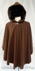 Cloak:3713, Cloak Style:Cape / Ruana, Cloak Color:Chocolate brown twill, Fiber / Weave:80% wool, 20% nylon, Cloak Clasp:Vale, Hood Lining:Brown rayon velvet, Back Length:34", Neck Length:20", Seasons:Winter, Southern Winter, Spring, Fall, Note:This chocolate brown twill ruana style<br>cloak is made from a wool blend<br>and has a very soft brown<br>rayon velvet hood lining.<br>Closes with a silvertone vale clasp.<br>Dry clean only..