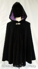 Cloak:3717, Cloak Style:Full Circle Cloak, Cloak Color:Black, Fiber / Weave:Upholstery velvet, Cloak Clasp:Triple Medallion, Hood Lining:Light purple velvet, Back Length:33", Neck Length:21", Seasons:Southern Winter, Winter, Fall, Spring, Note:This heavy-weight full circle cloak is sure<br>to shield you from the elements.<br>It is made from upholstery velvet and<br>has a silvertone triple medallion clasp<br>and a light purple velvet hood lining.<br>Machine wash cold, dry on low, no bleach..