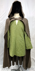 Cloak:3719, Cloak Style:Hobbit style, Cloak Color:Greige, Fiber / Weave:100% wool, Cloak Clasp:buttons, Hood Lining:Dark brown polyester, Back Length:52", Neck Length:24", Seasons:Spring, Fall, Note:This Hobbit style half circle cloak is made<br>from a greige colored 100% wool<br>and sports a dark brown polyester hood<br>lining and buttons as way of closure.<br>When buttoned, this cloak will fit like<br>a 21" neck cloak would fit.<br>Dry clean only..