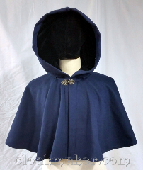 Cloak:3726, Cloak Style:Full Circle Cloak, Cloak Color:French Blue, Fiber / Weave:80% wool, 20% nylon, Cloak Clasp:Vale, Hood Lining:Black stretch polyester velvet, Back Length:17.5", Neck Length:20", Seasons:Winter, Southern Winter, Fall, Spring, Note:Pretty in French Blue, this capelet style<br>full circle cloak has a silvertone vale clasp<br>and a black stretch polyester<br>velvet hood lining.<br>Made from a wool blend,<br>spot or dry clean only..