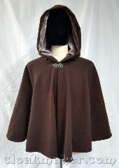 Cloak:3728, Cloak Style:Full Circle Cloak, Cloak Color:Medium Brown, Fiber / Weave:100% wool, Cloak Clasp:Vale, Hood Lining:Grey silk velvet, Back Length:26.5", Neck Length:21", Seasons:Spring, Fall, Note:100% wool, dry clean only.<br>This full circle cloak in medium brown<br>has a silvertone vale clasp and<br>a grey silk velvet hood lining.<br>Has a very faint tinge of green to it..