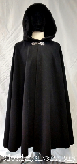 Cloak:3735, Cloak Style:Full Circle Cloak, Cloak Color:Black, Fiber / Weave:100% wool, Cloak Clasp:Oak - Simple - Silvertone, Hood Lining:Black polyester velvet, Back Length:47", Neck Length:21", Seasons:Winter, Southern Winter, Note:Heavyweight, black-as-night,<br>100% wool full circle cloak.<br>With a silvertone simple oak leaf clasp<br>and a black polyester velvet hood lining,<br>this cloak doesn't mess around in<br>the cold, it means business.<br>Dry clean only..