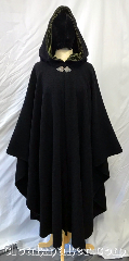 Cloak:3740, Cloak Style:Cape / Ruana, Cloak Color:Black Rustic Twill, Fiber / Weave:100% wool, Cloak Clasp:Triple Medallion, Hood Lining:Deep Moss Silk rayon velvet, Back Length:47", Neck Length:26", Seasons:Southern Winter, Spring, Fall, Note:With a woven knit like texture,<br>this black rustic twill ruana style cloak<br>is 100% wool and has a deep moss<br>silk rayon velvet hood lining<br>and a silvertone triple medallion clasp..