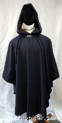 Cloak:3746, Cloak Style:Cape / Ruana, Cloak Color:Navy Blue, Fiber / Weave:80% wool, 20% nylon, Cloak Clasp:Vale, Hood Lining:Mouse Brown cotton velveteen, Back Length:45", Neck Length:23.5", Seasons:Summer, Spring, Fall, Note:This navy blue wool blend ruana<br>style cloak has a mouse brown<br>cotton velveteen hood lining<br>and a silvertone vale clasp..