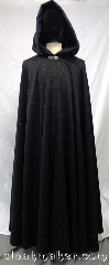 Cloak:3754, Cloak Style:Full Circle Cloak, Cloak Color:Sparkly Black, Fiber / Weave:Acrylic, Cloak Clasp:Vale, Hood Lining:Navy blue cotton velveteen, Back Length:55", Neck Length:21", Seasons:Spring, Fall, Note:Made from a very soft acrylic<br>with flecks of silver mylar,<br>this cloak has a twilight blue lining in<br> the hood, pewter clasp and pockets.<br>Machine gentle, dry low..