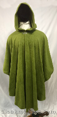 Cloak:3784, Cloak Style:Cape / Ruana, Cloak Color:Pea Green, Fiber / Weave:Economy fleece, Cloak Clasp:Vale, Hood Lining:unlined, Back Length:45", Neck Length:24", Seasons:Spring, Fall, Note:Made from economy fleece,<br>this pea green ruana style cloak<br>is ready for spring with its<br>silvertone vale clasp.<br>Machine washable!.