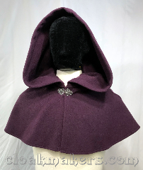 Cloak:3808, Cloak Style:Shaped Shoulder Cloak, Cloak Color:Plum Purple, Fiber / Weave:80% wool, 20% nylon, Cloak Clasp:Vale, Hood Lining:unlined, Back Length:11", Neck Length:17", Seasons:Southern Winter, Spring, Fall, Note:Plum purple for spring and fall<br>or even a southern winter!<br>This wool blend shaped shoulder cloak<br>stays closed with a silvertone vale clasp<br>and is machine washable!.