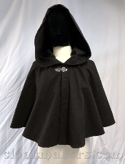 Cloak:3818, Cloak Style:Full Circle Cloak, Cloak Color:Dark Brown, Fiber / Weave:Cotton blend, Cloak Clasp:Vale, Hood Lining:unlined, Back Length:20.5", Neck Length:20", Seasons:Southern Winter, Fall, Spring, Note:A short dark brown cotton blend<br>full circle cloak with<br>a silvertone vale clasp.<br>Machine washable!.