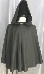 Cloak:3860, Cloak Style:50"-55" Circle Cloak, Cloak Color:Black, Fiber / Weave:100% wool, plain weave suiting, Cloak Clasp:Simple Rope Clasp, Hood Lining:unlined, Back Length:41", Neck Length:22", Seasons:Spring, Fall.