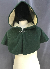 Cloak:3883, Cloak Style:Short Shaped Shoulder Cloak, Cloak Color:Dusty Forest Green, Fiber / Weave:Polyester Fleece, Cloak Clasp:Vale, Hood Lining:self lined, Back Length:12.5", Neck Length:20", Seasons:Southern Winter,
Winter, 
Fall, 
Spring, Note:Dusty Forest Green short cloak<br>is self-lined in white fleece,<br>making a delightful accent and<br>warm shoulders to an outfit,<br>or a first cloak for a child.<br>Completely machine washable!.