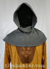 Cloak:H100, Cloak Style:Regular Hood, Cloak Color:Grey, Fiber / Weave:stretch polyester, Hood Lining:Unlined, Back Length:7", Neck Length:S - neck 22", Seasons:Spring, Fall, Note:This hood is a mottled grey with<br>lighter and darker greys.<br>Stretch polyester, machine wash<br>on cold, tumble dry.<br>22" neck hole.<br>Pictured on tunic J529<br>Tunic not included..