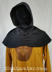Cloak:H104, Cloak Style:Regular Hood, Cloak Color:Black, Fiber / Weave:ribbed wool, Hood Lining:Unlined, Back Length:9", Neck Length:S - neck 22", Seasons:Spring, Fall, Note:This hood is a ribbed black color<br>wool dry clean or carefully hand wash<br>and drip dry.<br>22" neck hole.<br>Pictured on tunic J529<br>Tunic not included..