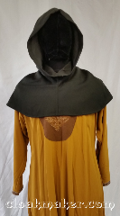 Cloak:H109, Cloak Style:Regular Hood, Cloak Color:Green, Fiber / Weave:Wool suiting, Hood Lining:Unlined, Back Length:9", Neck Length:M - neck 24", Seasons:Spring, Fall, Note:This hood is a dark pine green.<br>Wool blend suiting, has been treated<br>so that it's a little shinier and<br>softer than regular wool.<br>Carefully hand wash, hang to dry.<br>24" neck hole.<br>Pictured on tunic J529<br>Tunic not included..
