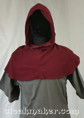 Cloak:H116, Cloak Style:Regular Hood, Cloak Color:Red, Fiber / Weave:Wool blend suiting, Hood Lining:Unlined, Back Length:9", Neck Length:S - neck 23", Seasons:Spring, Fall, Note:This hood is a cranberry red color.<br>Wool blend suiting, has been treated<br>so that it's a little shinier<br>and softer than regular wool.<br>Dry clean only.<br>23" neck hole.<br>Pictured on tunic J526<br>Tunic not included..