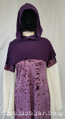 Cloak:H120, Cloak Style:Regular Hood, Cloak Color:Purple, Fiber / Weave:Wool blend suiting, Hood Lining:Unlined, Back Length:9", Neck Length:M - neck 24", Seasons:Spring, Fall, Note:This hood is a royal purple color.<br>Wool blend suiting, has been treated<br>so that it's a little shinier and<br>softer than regular wool.<br>Dry clean only.<br>24" neck hole.<br>Pictured on gown G954<br>Gown not included..