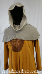 Cloak:H121, Cloak Style:Oversized Hood, Cloak Color:Grey/tan, rough edges, Fiber / Weave:Wool, Hood Lining:Unlined, Back Length:8", Neck Length:L - neck 26', Seasons:Spring, Fall, Note:Perfect for going out to the desert.<br>Wear this to Burning Man<br>or to a post-apocalypse LARP.<br>This hood is a grey/tan color<br>with unfinished edges<br>around the Oversized face hole.<br>100% wool. Dry clean or carefully<br>handwash and let drip dry.<br>26" neck hole.<br>Pictured on tunic J529<br>Tunic not included..