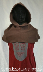 Cloak:H123, Cloak Style:Regular Hood, Cloak Color:Mushroom Brown, Fiber / Weave:Wool blend, Hood Lining:Unlined, Back Length:9", Neck Length:L - neck 26", Seasons:Spring, Fall, Winter, Note:This hood is a mushroom brown color<br>with a slight greenish hint to it.<br>Wool blend, carefully handwash, drip dry.<br>26" neck hole.<br>Pictured on tunic J561<br>Tunic not included..