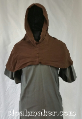 Cloak:H125, Cloak Style:Short point Hood, Cloak Color:Brown, Fiber / Weave:Rayon cotton, Hood Lining:Unlined, Back Length:10", Neck Length:XL - neck 29", Seasons:Summer, Spring, Note:This hood is a rich chocolate brown<br>cotton blend with rayon.<br>Prewashed so it will retain it's size<br>when washed in cold water.<br>Tumble dry.<br>Has a pointed pixie-like hood.<br>29" neck hole.<br>Pictured on tunic J526<br>Tunic not included..