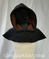 Cloak:H127, Cloak Style:Oversized Hood, Cloak Color:Black with brown inside, Fiber / Weave:Windbloc fleece<br>from Malden Mills, Hood Lining:Self lining Brown, Back Length:9", Neck Length:M - neck 24", Seasons:Winter, Fall, Note:This hood is black on the outside and<br>brown on the inside with an oversized hood.<br>Made from windbloc fleece<br>machine wash cold on gentle<br>don't dry clean or use fabric softener.<br>24" neck hole..