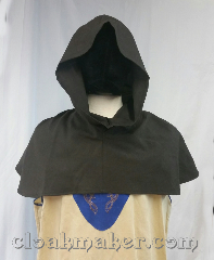 Cloak:H129, Cloak Style:short point, Cloak Color:Heathered Dark Brown, Fiber / Weave:100% wool, Hood Lining:unlined, Back Length:10", Neck Length:L - neck 26", Seasons:Spring, Summer, Fall, Note:This hood is a Heathered Dark Brown<br>color with a pointy hood.<br>Machine wash warm on delicate cycle,<br>tumble dry on low.<br>26" neck hole. Pictured on tunic J559,<br>tunic not included..