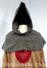 Cloak:H133, Cloak Style:liri pipe, super long, Cloak Color:Basket weave grey, tan, black, Fiber / Weave:100% wool, Hood Lining:unlined, Back Length:11", Neck Length:XL - neck 28", Seasons:Spring, Fall, Note:This hood is made from 100% wool<br>in a basket weave grey, tan,<br>black, verigated colors.<br>It has a very long liri pipe style hood<br>for a unique touch.<br>Dry clean only. 28" neck hole.<br>Pictured on tunic J492,<br>tunic not included..