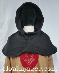 Cloak:H135, Cloak Style:Regular Hood, Cloak Color:Black and brown twill, Fiber / Weave:100% wool, Hood Lining:unlined, Back Length:9", Neck Length:XL - neck 28", Seasons:Southern Winter, Fall, Spring, Note:This hood is made from a double layer<br>of black and brown 100% wool twill.<br>Dry clean only. 28" neck hole.<br>Pictured on tunic J492, tunic not included..