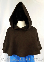 Cloak:H139, Cloak Style:regular, Cloak Color:Brown novelty weave, Fiber / Weave:80% wool, 20% nylon, Hood Lining:unlined, Back Length:16.5", Neck Length:XL - neck 28", Seasons:Spring, Fall, Note:This big shaped shoulder hood is made<br>from a wool blend and has a brown<br>novelty weave pattern, almost a twill<br>with hints of black throughout.<br>Dry clean only. 28" neck hole.<br>Pictured on tunic J501,<br>tunic not included..