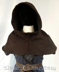 Cloak:H141, Cloak Style:regular, Cloak Color:Brown novelty weave, Fiber / Weave:80% wool, 20% nylon, Hood Lining:unlined, Back Length:8", Neck Length:L - neck 26", Seasons:Spring, Fall, Note:This hood is made from a wool blend and<br>has a brown novelty weave pattern,<br>almost a twill with hints<br>of black throughout.<br>Dry clean only. 26" neck hole.<br>Pictured on tunic J573,<br>tunic not included..