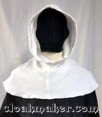 Cloak:H149, Cloak Style:Regular Hood, Cloak Color:White, Fiber / Weave:Cotton pique, Hood Lining:unlined, Back Length:8", Neck Length:XS - neck 20", Seasons:Fall, Spring, Note:This hood is made from a white<br>breathable cotton pique fabric.<br>Machine wash on delicate cycle.<br>20" neck hole.<br>Pictured on tunic J562,<br>tunic not included..