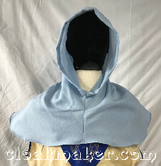 Cloak:H156, Cloak Style:Regular Hood, Cloak Color:Baby blue, Fiber / Weave:80% wool, 20% nylon, Hood Lining:Unlined, Back Length:8", Neck Length:M - neck 24", Seasons:Spring, Fall, Note:This hood is made from a<br>baby blue wool blend.<br>Dry clean only.<br>24" neck hole. 8" back length<br>from base of neck.<br>Pictured on tunic J559,<br>tunic not included..