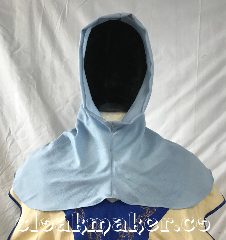 Cloak:H157, Cloak Style:Regular Hood, Cloak Color:Baby blue, Fiber / Weave:80% wool, 20% nylon, Hood Lining:Unlined, Back Length:8", Neck Length:XS - neck 20", Seasons:Spring, Fall, Note:This hood is made from a<br>baby blue wool blend.<br>Dry clean only.<br>Has an extra small 20"<br>neck hole. 8" back length<br>from base of neck.<br>Pictured on tunic J559,<br>tunic not included..