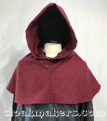 Cloak:H162, Cloak Style:Regular Hood, Cloak Color:Maroon red, Fiber / Weave:80% wool, 20% nylon, Hood Lining:unlined, Back Length:11", Neck Length:L - neck 26", Seasons:Southern Winter, Spring, Fall, Note:This hood is made from a maroon red wool blend.<br>Dry clean only. 26" neck hole.<br>11" back length from the base of neck.<br>Pictured on tunic J567,<br>tunic not included..