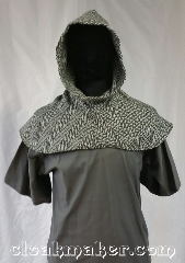 Cloak:H54, Cloak Style:Regular Hood, Cloak Color:Black White Chevron, Fiber / Weave:Wool, Hood Lining:Unlined, Back Length:8", Neck Length:S - neck 22", Seasons:Spring, Fall, Note:This hood has a black and white<br>chevron print.<br>100% wool, dry clean only.<br>22" neck hole.<br>Pictured on tunic J526,<br>tunic not included..
