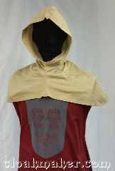 Cloak:H70, Cloak Style:Regular Hood, Cloak Color:Tan/Khaki, Fiber / Weave:Cotton, Hood Lining:Unlined, Back Length:10", Neck Length:XS - neck 20", Seasons:Spring, Summer, Note:This youth size hood is a<br>desert sand color.<br>Made from cotton, machine wash<br>cold, tumble dry. 20" neck hole.<br>Pictured on tunic J561<br>Tunic not included..