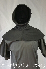 Cloak:H95, Cloak Style:Regular Hood, Cloak Color:Grey, Fiber / Weave:Wool blend suiting, Hood Lining:Unlined, Back Length:8", Neck Length:S - neck 22", Seasons:Spring, Fall, Note:This hood is dark mottled grey with<br>minimal amounts of lighter<br>shades of grey.<br>Wool blend suiting, has been treated<br>so that it's a little shinier and<br>softer than regular wool.<br>Dry clean only.<br>22" neck hole.<br>Pictured on tunic J526<br>Tunic not included..