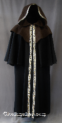 Cloak:W141, Cloak Style:Sleeveless Inverness Coat with hood<br>and 14" mantle trimmed with<br>Celtic Beasties, Narrow silver/gold, Cloak Color:Black with Brown mantle and hood<br>trimmed with Celtic Beasties, Narrow silver/gold, Fiber / Weave:Winter Weight woven Wool, Cloak Clasp:Heavy Snaps, Hood Lining:Unlined, Back Length:53", Neck Length:22.5", Seasons:Fall, Spring, Southern Winter, Winter.