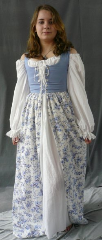 Bodice Gown ID:B226, Bodice Color:French Blue, Bodice Fiber:Cotton, Bodice Style/ Closure:Irish dress, lace-up front, Skirt Color:White with french blue floral print, Skirt Fiber:Cotton linenChest Measurement:28", Length:54".