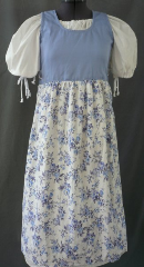 Bodice Gown ID:B228, Bodice Color:Pale Blue, Bodice Fiber:Cotton duck, Bodice Style/ Closure:Irish dress, lace-up front, Skirt Color:White with blue floral pattern, Skirt Fiber:Cotton linenChest Measurement:30", Length:35".