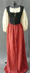 Bodice Gown ID:B239, Bodice Color:black, Bodice Fiber:cotton duck, Bodice Style/ Closure:Irish dress, lace-up front, Skirt Color:multicolor stripe, Skirt Fiber:cotton linenChest Measurement:35", Length:59".