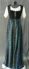 Bodice Gown ID:B240, Bodice Color:black, Bodice Fiber:cotton duck, Bodice Style/ Closure:Irish dress, lace-up front, Skirt Color:Multicolored floral pattern, Skirt Fiber:rayon challisChest Measurement:31", Length:51".