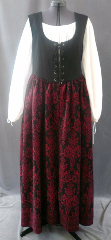 Bodice Gown ID:B249, Bodice Color:black, Bodice Fiber:cotton twill, Bodice Style/ Closure:Irish dress, lace-up front, Skirt Color:Black with red formal floral pattern, Skirt Fiber:Sueded Polyester MoleskinChest Measurement:42", Length:57".