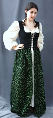 Bodice Gown ID:B255, Bodice Color:black, Bodice Fiber:cotton duck, Bodice Style/ Closure:irish dress, lace-up front, Skirt Color:Black, and shades of green, Skirt Fiber:cottonChest Measurement:36", Length:52.5".