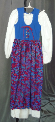 Bodice Gown ID:B268, Bodice Color:cornflower blue, Bodice Fiber:cotton, Bodice Style/ Closure:irish dress, lace-up front, Skirt Color:blue/red/teal/purple/gold floral, Skirt Fiber:cottonChest Measurement:24", Length:42".