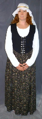 Bodice Gown ID:B269, Bodice Color:Black, Bodice Fiber:Cotton Duck, Bodice Style/ Closure:Irish dress, lace-up front, Skirt Color:William Morris print entitled "Moonlight Garden", Skirt Fiber:CottonChest Measurement:42", Length:53".