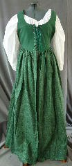 Bodice Gown ID:B280, Bodice Color:Deep Sea Green, Bodice Fiber:Cotton twill, Bodice Style/ Closure:Irish dress, lace-up front, Skirt Color:dark sea green patterning on light green background, Skirt Fiber:CottonChest Measurement:40", Length:53".