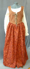 Bodice Gown ID:B283, Bodice Color:Terracota, Bodice Fiber:Cotton twill, Bodice Style/ Closure:Irish dress, lace-up front, Skirt Color:Autumn leaf calico, Skirt Fiber:CottonChest Measurement:38", Length:54".